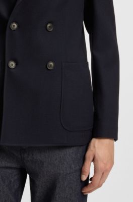Slim-fit jacket in patterned wool, cotton and stretch, Dark Blue