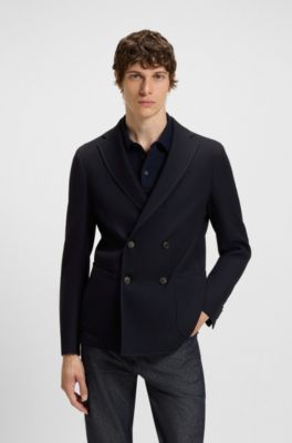 Slim-fit jacket in patterned wool, cotton and stretch, Dark Blue