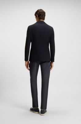 Slim-fit jacket in patterned wool, cotton and stretch, Dark Blue