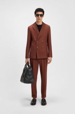 Double-breasted blazer in micro-patterned virgin wool, Brown