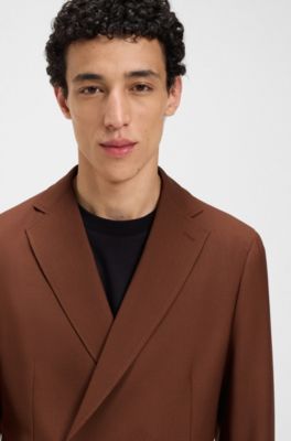 Double-breasted blazer in micro-patterned virgin wool, Brown
