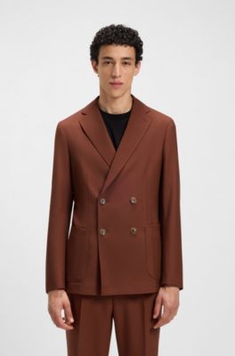 Double-breasted blazer in micro-patterned virgin wool, Brown