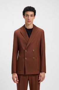 Double-breasted blazer in micro-patterned virgin wool, Brown
