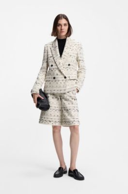 Pantalon Relaxed raccourci en tweed de coton m&eacute;lang&eacute; &agrave; rayures, Beige &agrave; motif