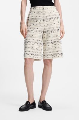 Pantalon Relaxed raccourci en tweed de coton m&eacute;lang&eacute; &agrave; rayures, Beige &agrave; motif