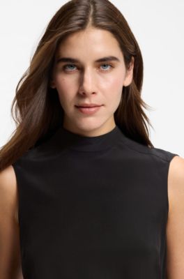Regular-fit blouse van sandwashed zijde met strikhals, Zwart