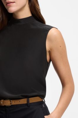 Regular-fit blouse van sandwashed zijde met strikhals, Zwart