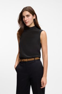 Regular-fit blouse van sandwashed zijde met strikhals, Zwart