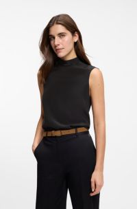 Regular-fit blouse in sandwashed silk with tie neck, Black