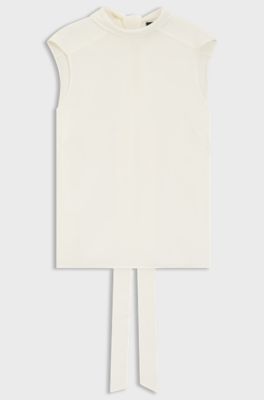 Regular-fit blouse in sandwashed silk with tie neck, White