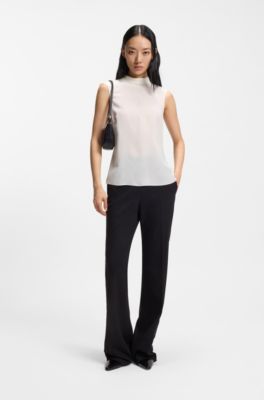 Regular-fit blouse in sandwashed silk with tie neck, White