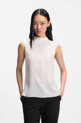 Camicetta regular fit in seta trattata e collo a fiocco, Bianco