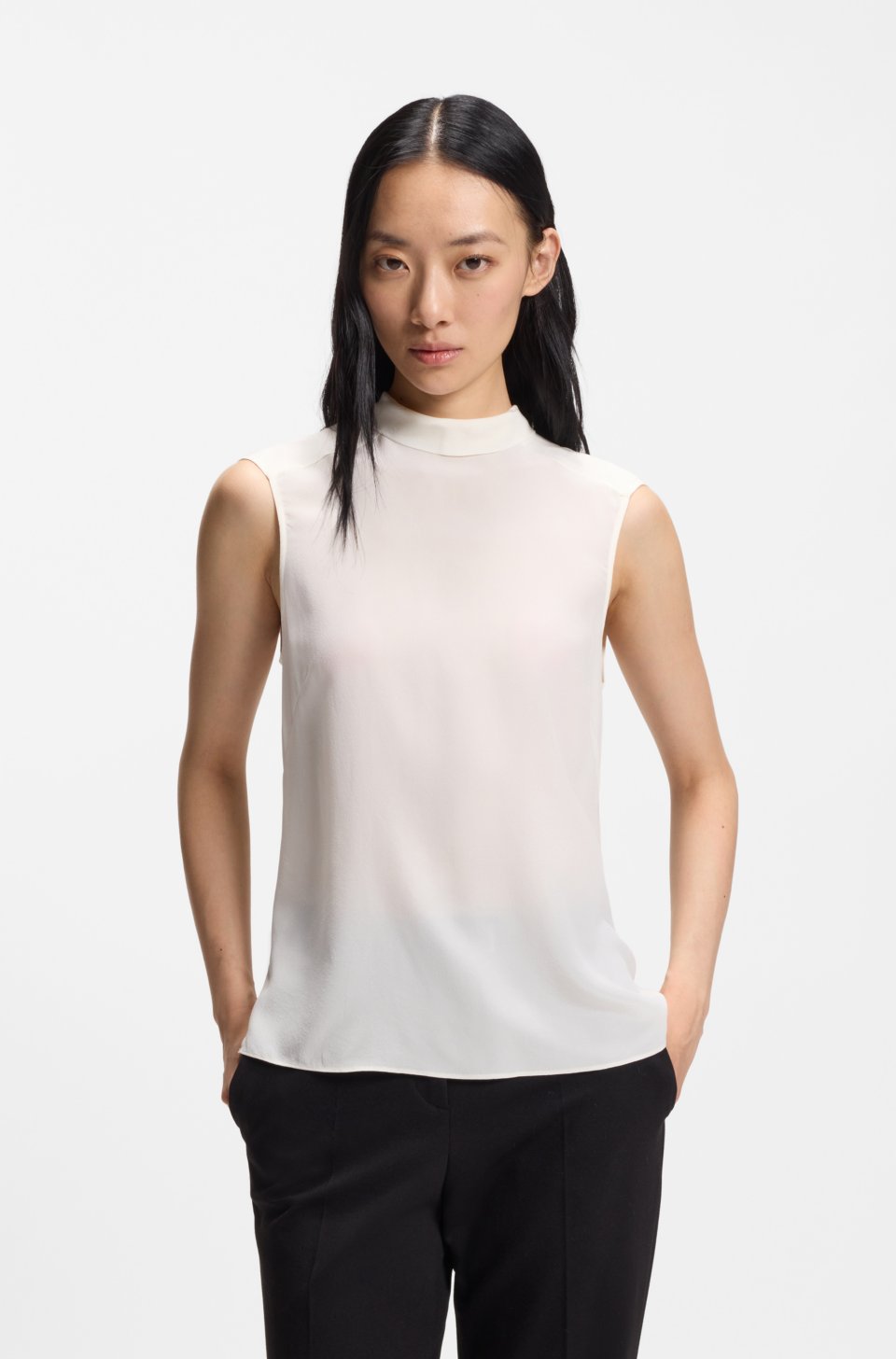 Regular-fit blouse in sandwashed silk with tie neck