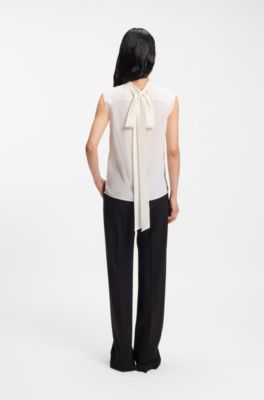 Regular-fit blouse in sandwashed silk with tie neck, Natural