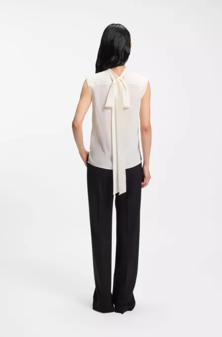 Regular-fit blouse in sandwashed silk with tie neck