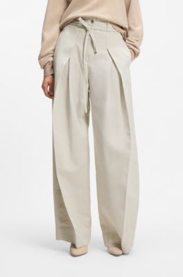 Pantalones relaxed fit de algod&oacute;n y lino, Natural