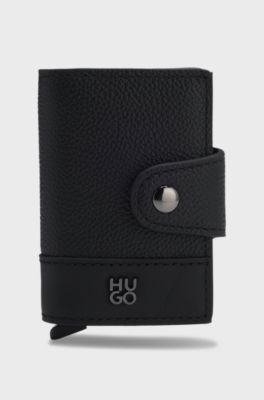 Grained-leather card holder with stacked logo trim, Black