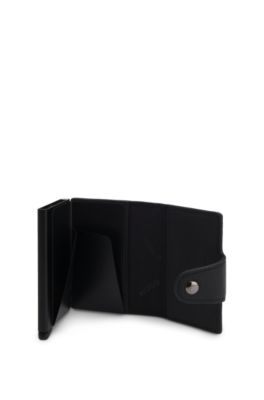 Grained-leather card holder with stacked logo trim, Black