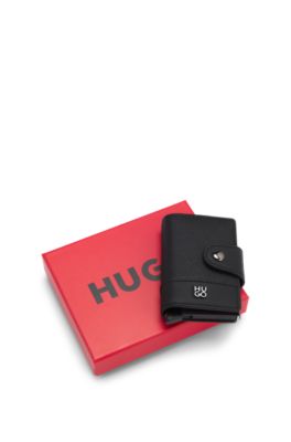 Grained-leather card holder with stacked logo trim, Black