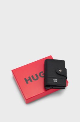 Grained-leather card holder with stacked logo trim, Black