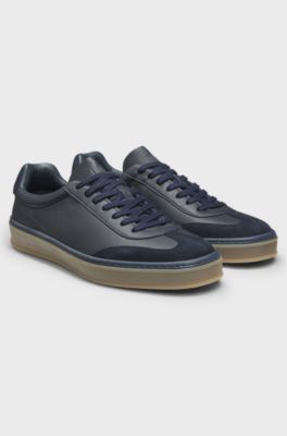BOSS BY BECKHAM grained-leather trainers with suede trims, Dark Blue