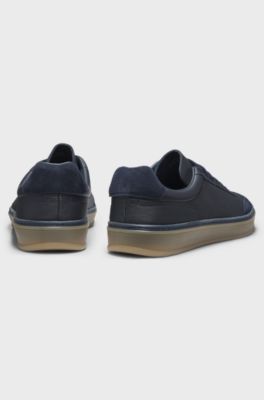 BOSS BY BECKHAM grained-leather trainers with suede trims, Dark Blue