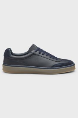 BOSS BY BECKHAM grained-leather trainers with suede trims, Dark Blue