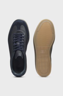 BOSS BY BECKHAM grained-leather trainers with suede trims, Dark Blue