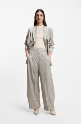 Pantaloni oversize in lana elasticizzata a quadri, Beige a motivi