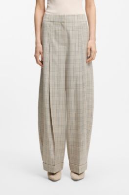 Oversized-fit trousers in checked stretch wool, Beige Patterned