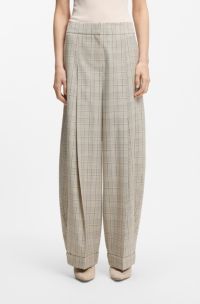 Oversized-fit broek van geruite stretchwol, Beige met dessin