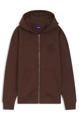 Cotton-terry zip-up hoodie with embossed logos, Brown