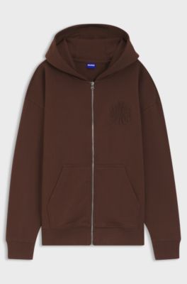 Felpa con cappuccio in terry di cotone con zip e logo goffrato, Marrone