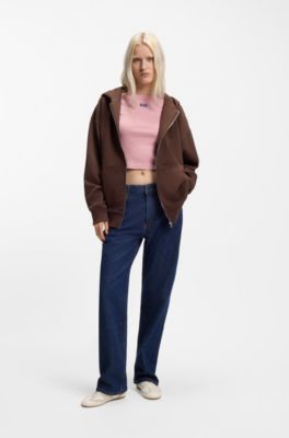 Cotton-terry zip-up hoodie with embossed logos, Brown