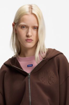Cotton-terry zip-up hoodie with embossed logos, Brown