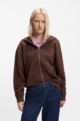 Cotton-terry zip-up hoodie with embossed logos, Brown