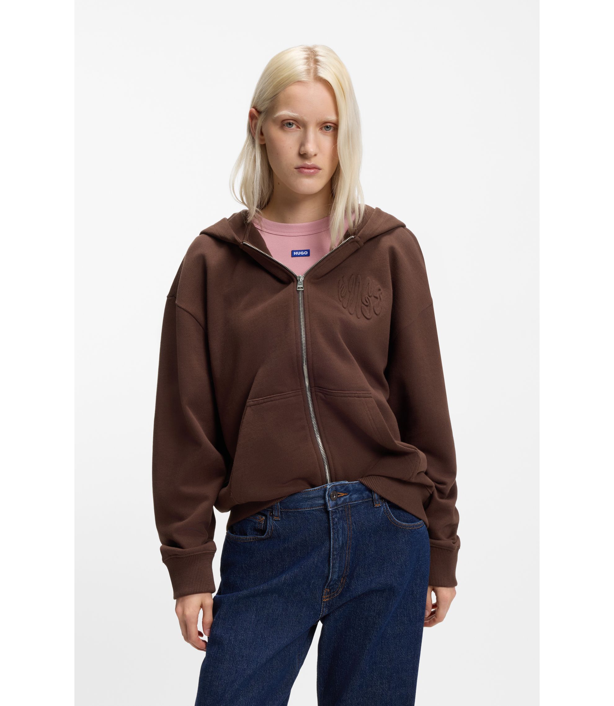 Hoodie aus Baumwoll-Terry mit Reißverschluss und Logo-Prägungen