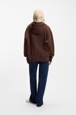 Cotton-terry zip-up hoodie with embossed logos, Brown