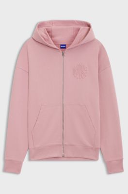 Felpa con cappuccio in terry di cotone con zip e logo goffrato, Rosa chiaro