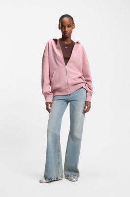 Felpa con cappuccio in terry di cotone con zip e logo goffrato, Rosa chiaro