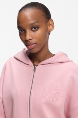Felpa con cappuccio in terry di cotone con zip e logo goffrato, Rosa chiaro