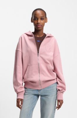 Felpa con cappuccio in terry di cotone con zip e logo goffrato, Rosa chiaro