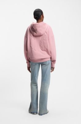 Felpa con cappuccio in terry di cotone con zip e logo goffrato, Rosa chiaro