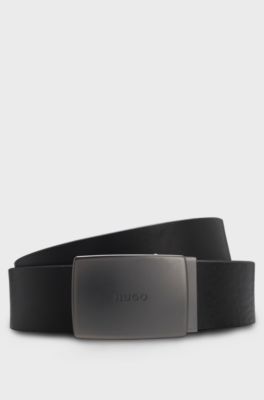 Italian-leather belt with logo-engraved plaque buckle, Black