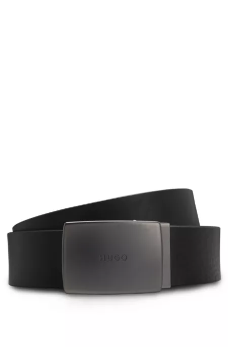 Italian-leather belt with logo-engraved plaque buckle