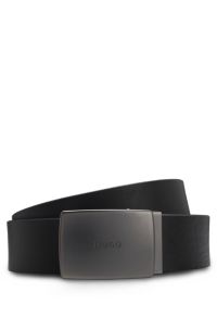 Italian-leather belt with logo-engraved plaque buckle, Black