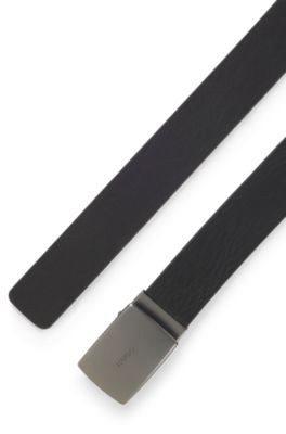 Italian-leather belt with logo-engraved plaque buckle, Black