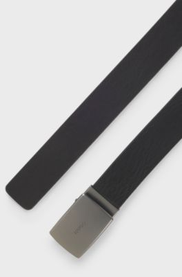 Italian-leather belt with logo-engraved plaque buckle, Black