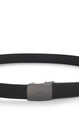 Italian-leather belt with logo-engraved plaque buckle, Black