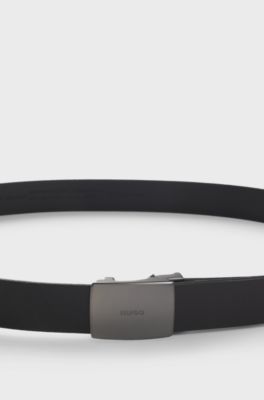 Italian-leather belt with logo-engraved plaque buckle, Black